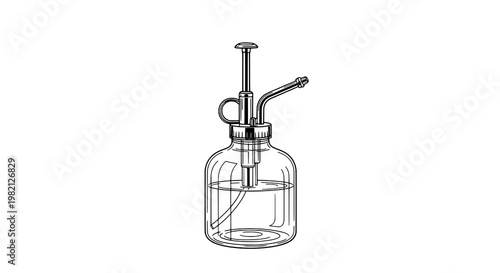 Bottle plant mister with pump handle and angled nozzle,clean outline drawing isolated on white featuring