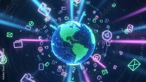 Abstract globe animation with digital icons representing global communication