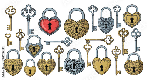 Extensive collection of beautifully decorated heart-shaped padlocks and intricate antique keys in various styles and finishes.