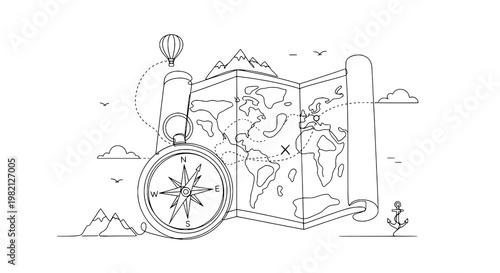 Compass navigation with map, hot air balloon and mountains in continuous line art featuring travel,