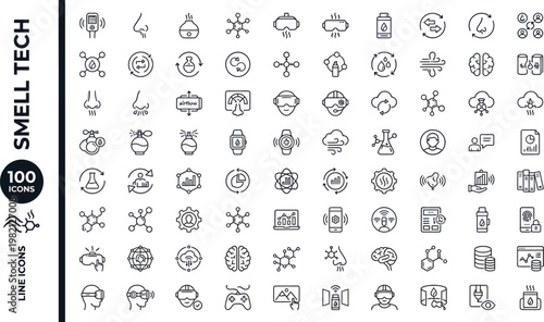 A collection of line icons related to smell tech and various scientific concepts. AI, eps, png, jpg. transparent background.