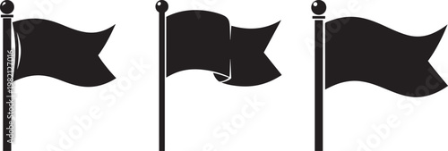 Three black flags blowing in the wind on poles with black and white national politics movement competition silhouette communication announcement proclaim declaration republic federation