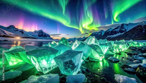 Northern Lights paint the sky above ice blocks in a snowy mountain scene