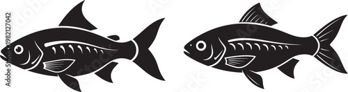 Two black silhouette fish facing right with black and white silhouette underwater wildlife swimming creature freshwater aquarium schooling ichthyology organism vertebrate