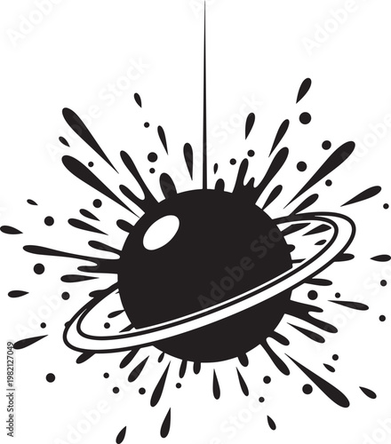 Black wrecking ball with ring and paint splash effect heavy industry demolition construction destruction abstract silhouette explosion impactful destructive industrial aggressive momentum