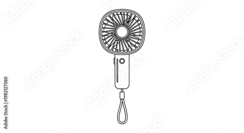 Fan portable handheld with circular grill and wrist strap icon featuring line art, minimalist design, tech