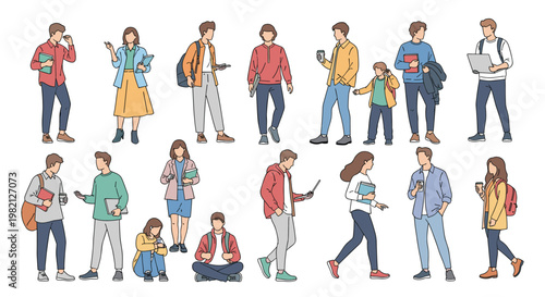 Large set of diverse young people and students in various casual poses and activities like reading, walking, and talking.