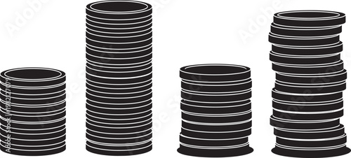 Stacked coins in black and white with net worth currency investment commerce business collection financial monetary exchange transaction accumulation earnings