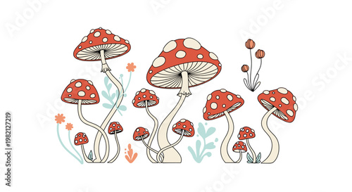 Whimsical illustration of various red mushrooms with white spots growing among small flowers and green plants.