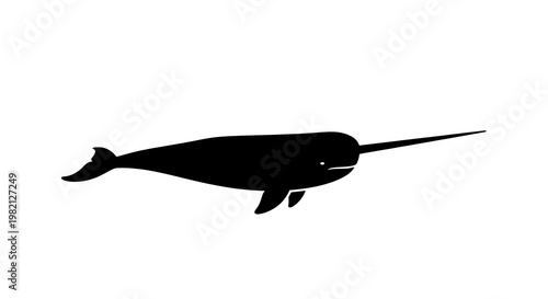 Narwhal silhouette icon with long tusk and sleek marine mammal profile isolated on white featuring whale,