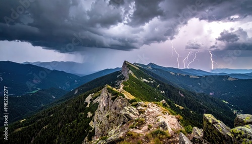 Majestic mountain range with dramatic storm clouds and lightning strikes overhead