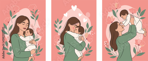 Mother and Baby Illustration Set with Heartwarming Moments and Floral Backgrounds for Family and Love Designs