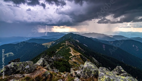 Mountain ridge under a stormy sky, lightning strikes in the distance