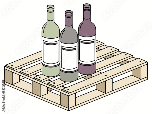 Three wine bottles securely placed on a wooden pallet for transportation or storage