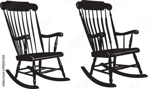 Two black silhouette rocking chairs isolated on white background with rocking chair furniture isolated background silhouette interior relaxation traditional countryside farmhouse upholstery