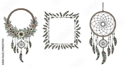 Beautifully detailed dreamcatchers and boho-style frames adorned with feathers, flowers, and intricate weaving.