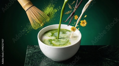A creative still life of matcha green tea ingredients, including a whisk, powder, milk, vanilla beans, and flowers, in a white bowl on a dark surface