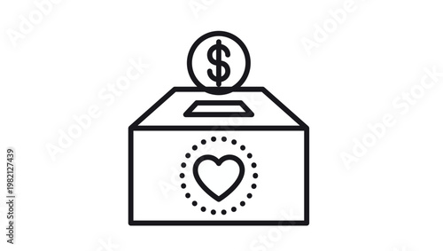Black and white vector icon illustration of a donation box featuring a heart symbol and a coin being dropped into the slot, symbolizing charity, philanthropy, giving, and social support services.