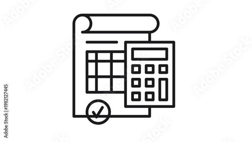 Black line vector icon of a financial document or spreadsheet with a calculator, representing accounting, bookkeeping, tax calculation, or business finance management, minimalist graphic symbol.