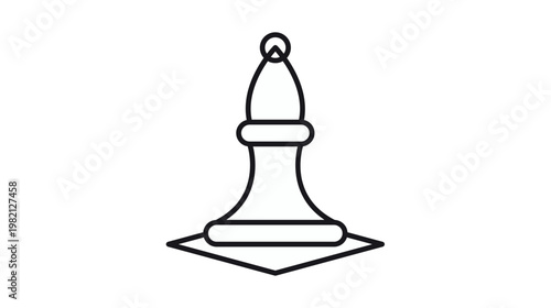 Minimalist black line art vector icon of a chess bishop piece on a square base, representing strategy, competition, and board game tactics, isolated on a white background illustration.