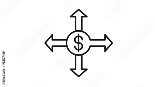 Cuadro en lienzo Centrally located currency emblem with four diverging pointers, depicting the broad expansion of assets, international trade flow, and diverse capital investment strategies for growth