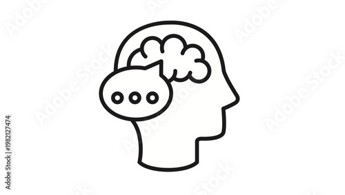 Minimalist black vector icon illustration of a human head profile with a brain and a speech bubble with ellipsis, symbolizing thinking, communication, psychology, mental health, and ideas.