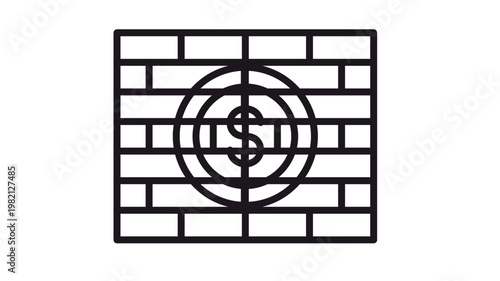 Black vector icon of a brick wall with a solid circle in the middle, minimalist illustration of a firewall, security barrier, or masonry construction symbol, isolated on a white background.