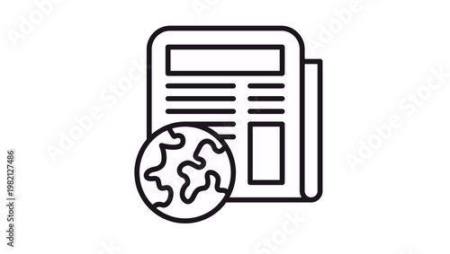 Black line art vector icon of a newspaper with a globe in the foreground, symbolizing global news, international journalism, world events, media coverage, and press communication.