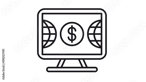 Black vector icon illustration of a computer monitor with a global network symbol, featuring a central solid circle and globe grid patterns, representing worldwide web and digital connectivity.