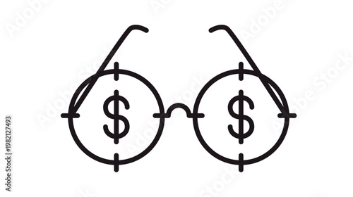 Black silhouette vector icon of round glasses with crosshair target symbols on the lenses, minimalist graphic illustration of eyewear for vision testing or sniper theme, isolated on white.