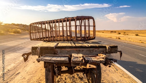 Old rusted transport remains on a desert road with golden sunset light