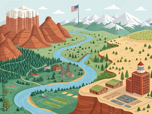 Scenic landscape of a quaint town nestled between cliffs and forests