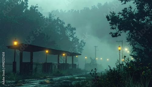 Misty dusk scene featuring covered shelter, lit lanterns