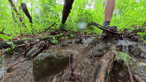 Low Angle of Hikers on Slushy Trail in Shenandoah National Park