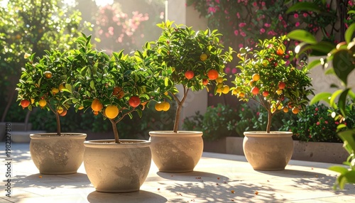 Potted citrus trees with ripe fruit bask in sunlight on a patio