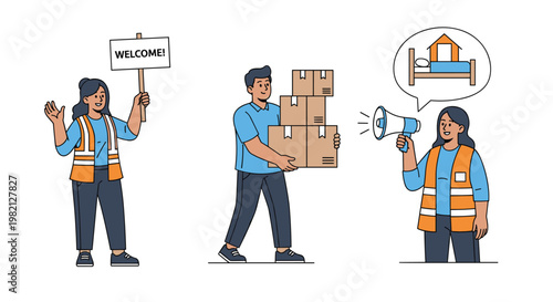 Group of helpful volunteers and workers carrying boxes, using a megaphone, and holding a welcome sign for community support.