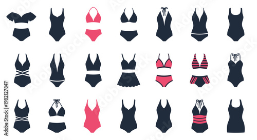 Comprehensive collection of women's swimsuit and bikini styles in black and pink colors featuring various designs and patterns.