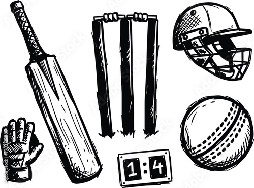 Line art cricket bat stumps ball helmet and glove with scoreboard black and white