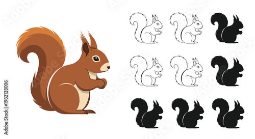 Squirrel character studies showing a full color version alongside various line art sketches and solid black silhouettes for design use.