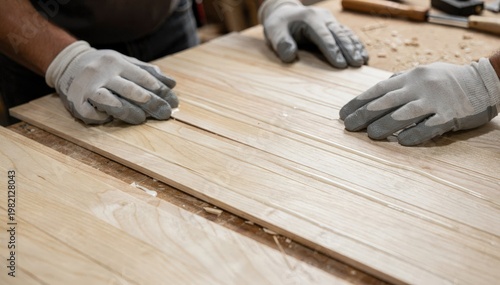 Medium shot of lightcolored narrow veneer strips being carefully aligned and glued together to form a smooth continuous sheet.