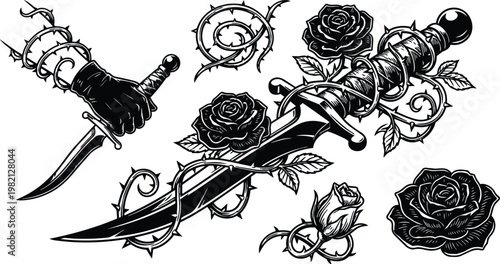 Black and white tattoo style dagger wrapped in thorny rose vines with gloved hand