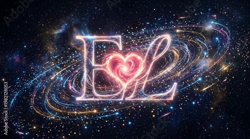 Glowing Neon Letters with Heart in Cosmic Galaxy Background