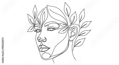 Black Continuous Line Art Human Face Blending into Leaves Nature Harmony Minimalist Illustration