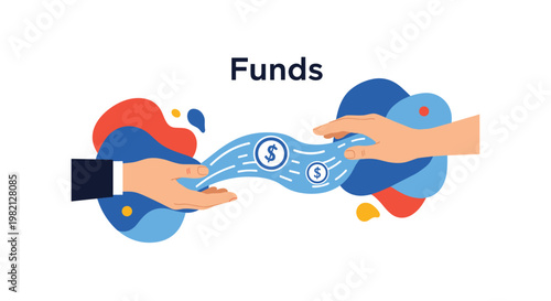 Financial transaction illustration showing two hands transferring money through a digital flow for banking and investment purposes.