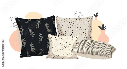 Group of decorative throw pillows with various patterns like leaves, dots, and stripes arranged against an abstract geometric background.