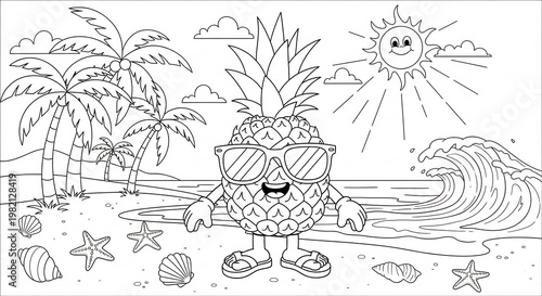 Cute Pineapple Character Enjoying a Tropical Beach Vacation.