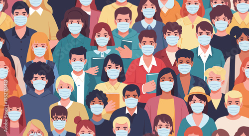 Seamless pattern showing a diverse crowd of people from various backgrounds wearing medical face masks for health protection and safety.