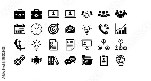 Work and business solid icon set with career teamwork meeting and office symbols modern flat vector collection