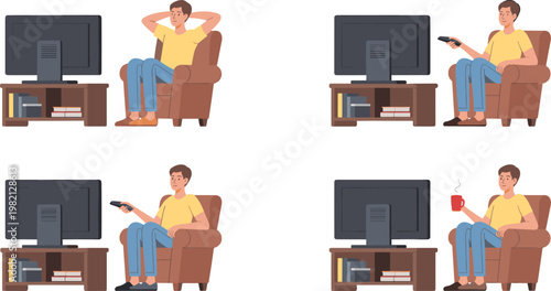 Young man relaxing on armchair watching television with remote control and coffee in flat vector illustration set for home leisure