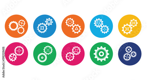 Collection of colorful gear icons in circular frames representing teamwork, mechanical settings, industrial process, and system logic.